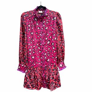 Fate Leopard Print Mini Dress Pink Red Purple Tiered Ruffle Long Sleeve Belted